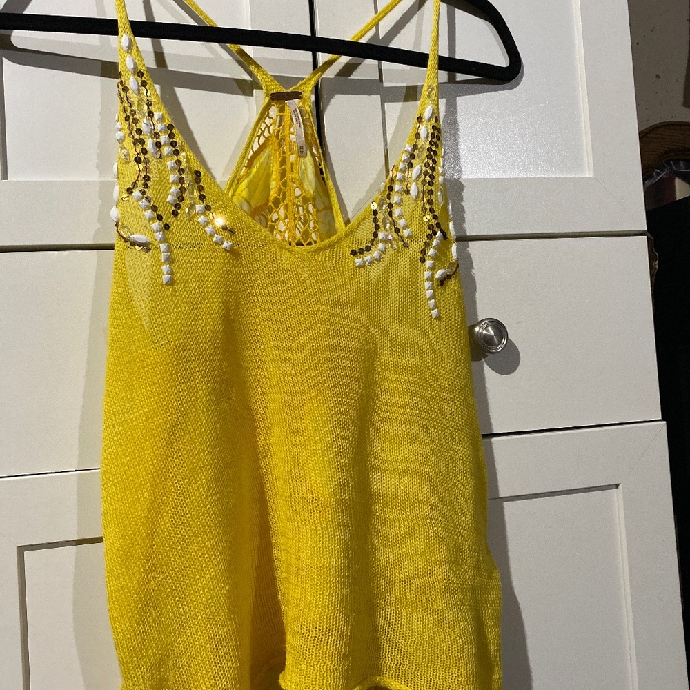 Absolutely stunning Free People Yellow Beaded Crochet-Back Tank Top